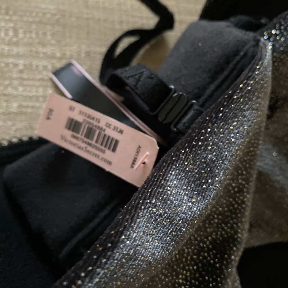 34C Victoria Secret velvet logo black glitter bra - Picture 3 of 9